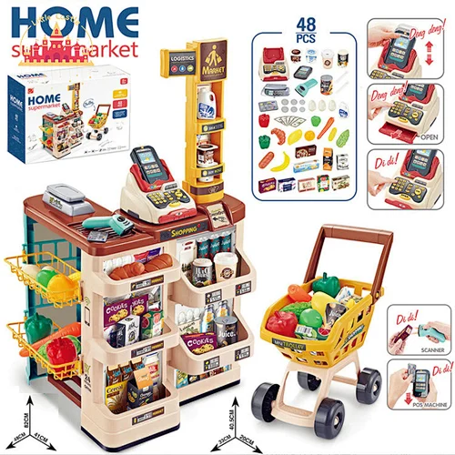 Good Sale Funny Plastic Supermarket Cashier Desk Toy with Shopping Cart SL10D116