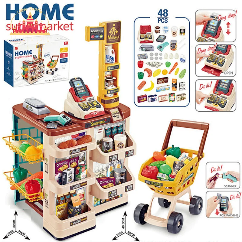 Good Sale Funny Plastic Supermarket Cashier Desk Toy with Shopping Cart SL10D116
