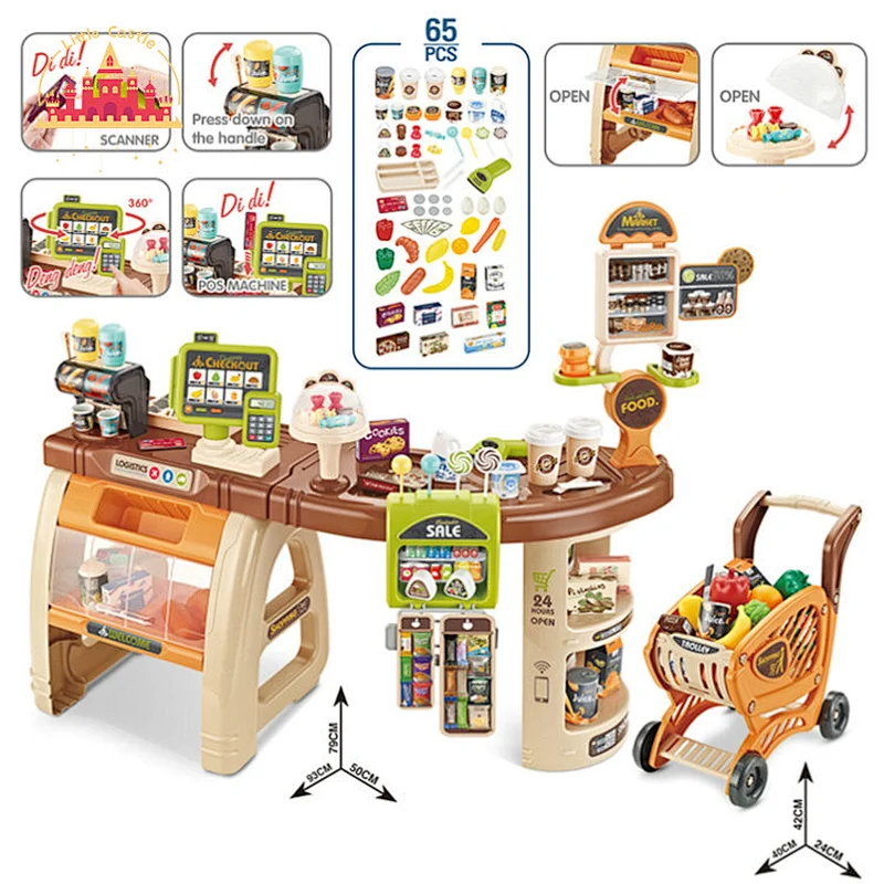 Good Sale Funny Plastic Supermarket Cashier Desk Toy with Shopping Cart SL10D116