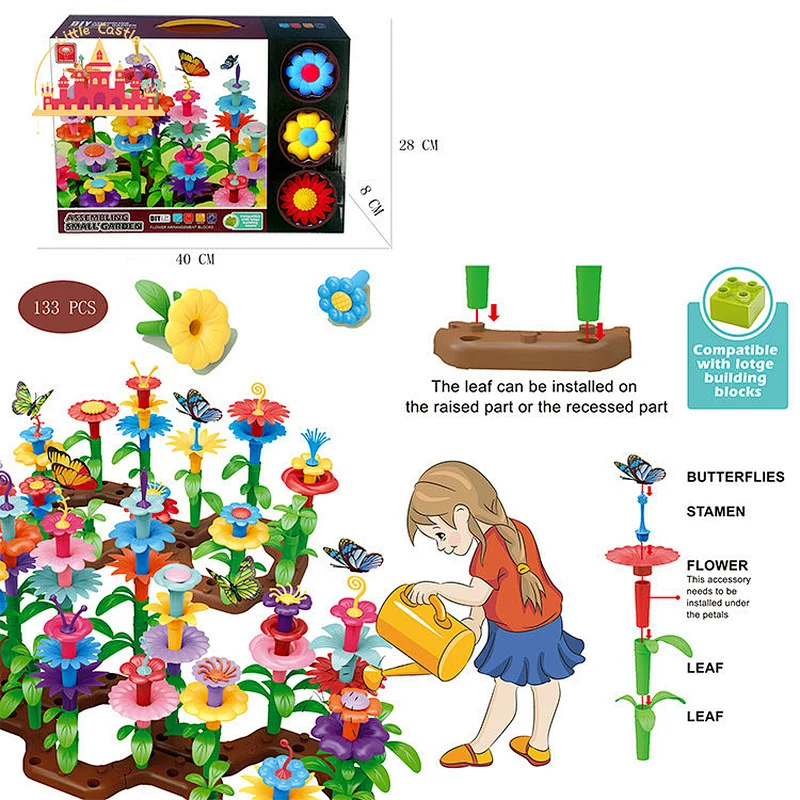 Kids Diy Assembly Flower Garden Toy 133Pcs Plastic Building Block Set SL13A052