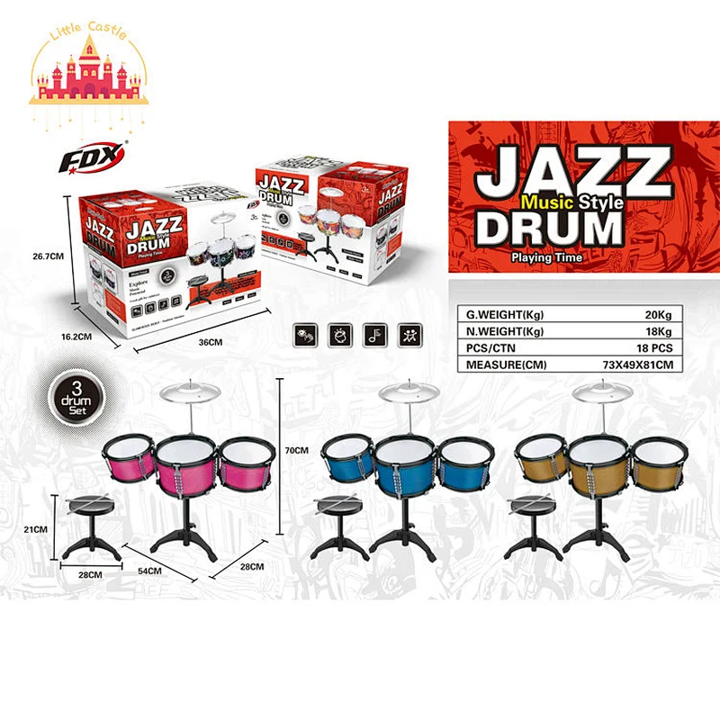 Wholesale Professional Plastic 3 Pieces Jazz Drum Set Toy For Kids SL07A036