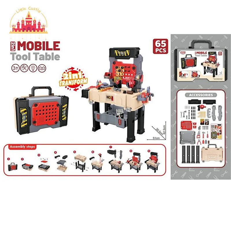 2 In 1 Transform Mobile Suitcase 65 Pcs Plastic Tool Table Set Toy For Kids SL03D005