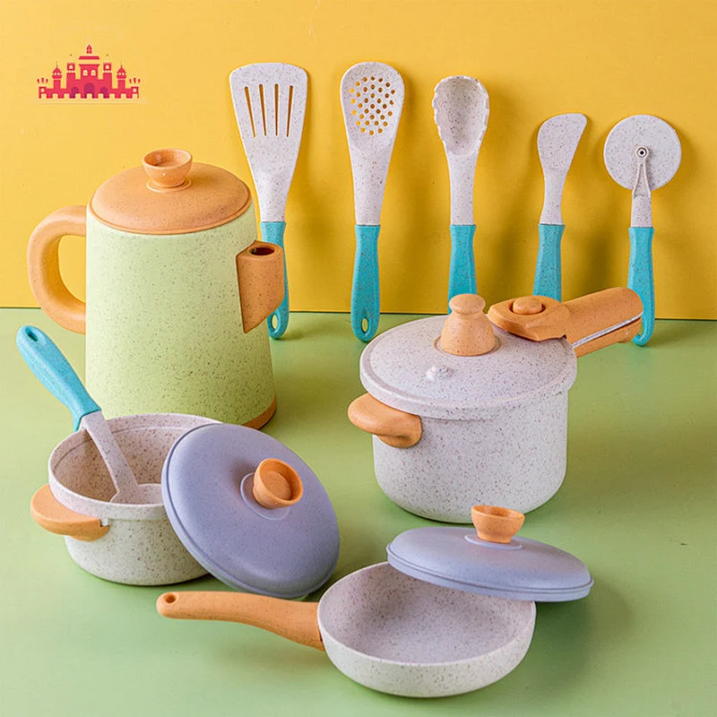 Popular Kids Pretend Play 14 Pcs Cookware Wheat Straw Tall Pot Set Toy SL10D784
