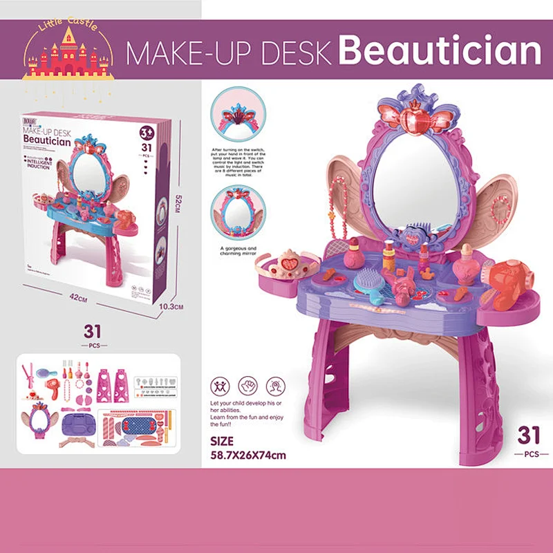 Beauty Pretend Play 23 Pcs Plastic Kids Deluxe Dressing Table With Chair SL08H004