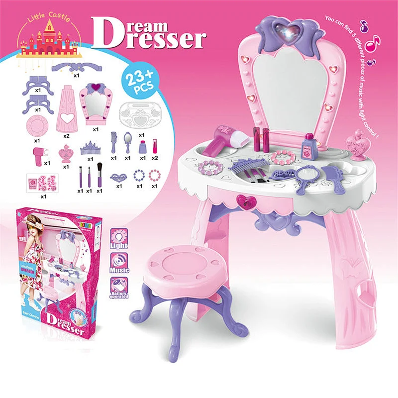 Beauty Pretend Play 23 Pcs Plastic Kids Deluxe Dressing Table With Chair SL08H004