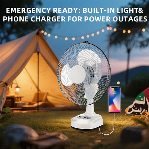 rechargeable table fan: emergency ready built-in light and phone charger for power oytages