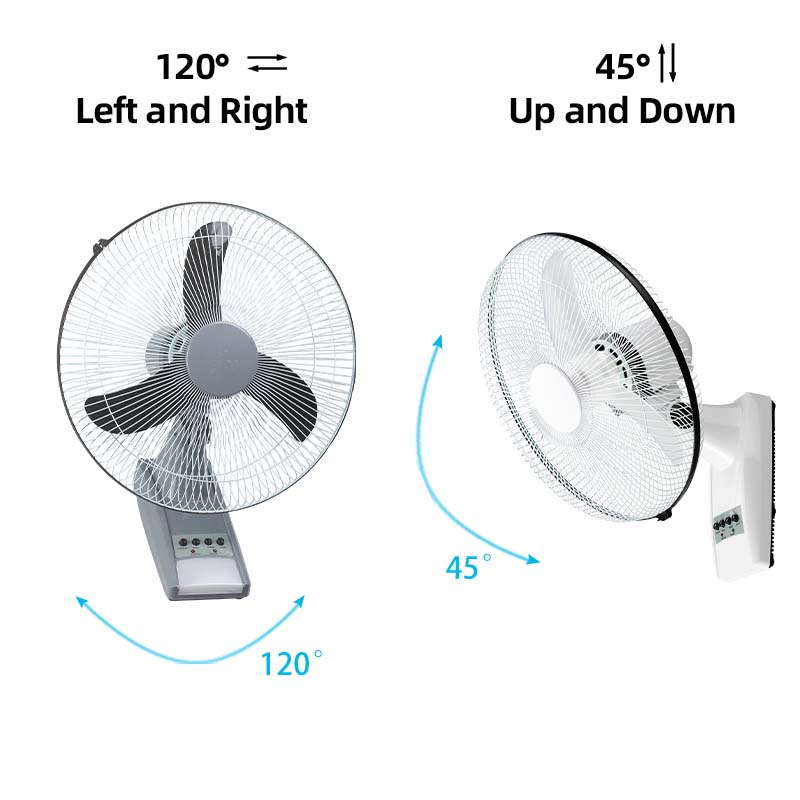 rechargeable wall fan: 120 degree left and right, 45 degree up and down