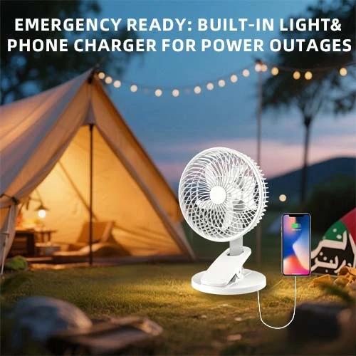 rechargeable table fan: emergency ready built-in light and phone charger for power oytages