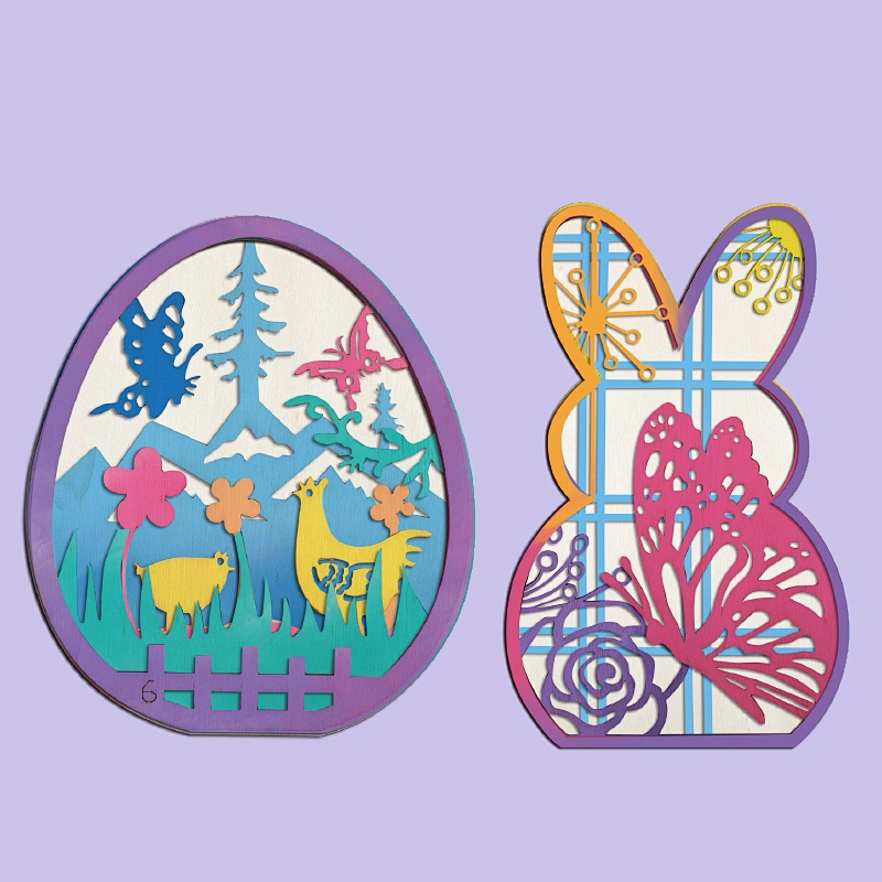 Rabbit&Easter Egg Multi-Layer Painting Set, 6 Wooden Layers, 12 Color Paints, 2 Brushes, 1 Glue