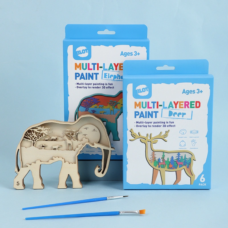 Deer&Elephant Multi-Layer Painting Set, 6 Wooden Layers, 12 Color Paints, 2 Brushes, 1 Glue