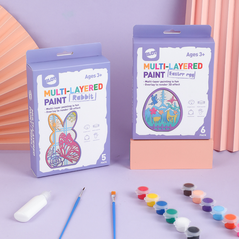 Rabbit&Easter Egg Multi-Layer Painting Set, 6 Wooden Layers, 12 Color Paints, 2 Brushes, 1 Glue