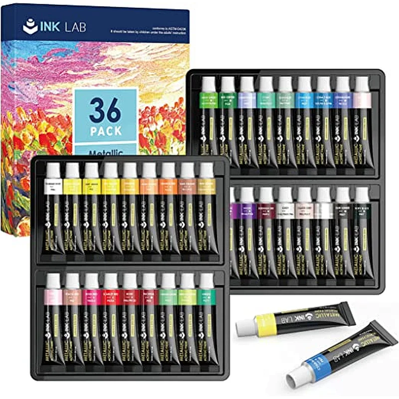 Juego de pintura acrílica metálica, 24 tubos Pinturas artesanales acrílicas metálicas no tóxicas, pigmento rico y sin decoloración, 12 ml/tubo