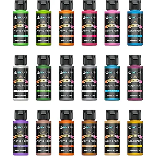 Metallic Acrylic Paint Set 18 Colors Non Toxic Metallic Paints, Rich Pigment & No Fading, 60ml/Bottle