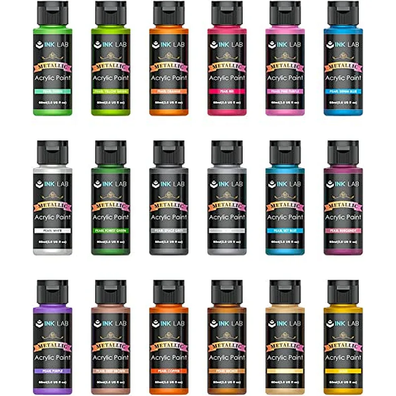 Cat Akrilik Metalik Set 18 Warna Cat Metalik Tidak Beracun, Pigmen Kaya & Tidak Memudar, 60Ml/Botol