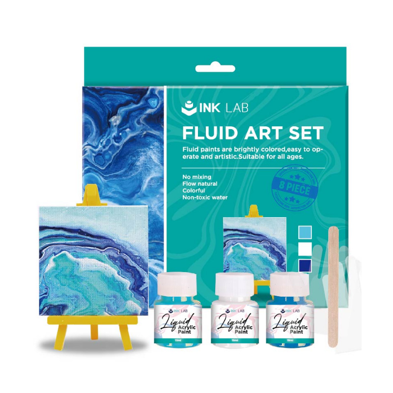 Pouring Acrylic Paint Set of 3 Colors 25ml, with Canvas, Easel, Wood Tool, Gloves, Blue Series
