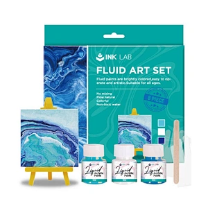 Pouring Acrylic Paint Set of 3 Colors 25ml, with Canvas, Easel, Wood Tool, Gloves, Blue Series