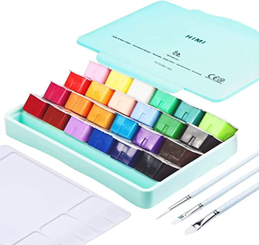 HIMI Gouache Paint Kit 24 Vibrant Colors Non Toxic Paints Jelly Cup Design with Paint Brushes Palette Portable, Rich Pigment, 30ml/Cup