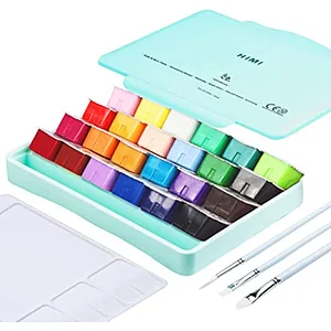 HIMI Gouache Paint Kit 24 Vibrant Colors Non Toxic Paints Jelly Cup Design with Paint Brushes Palette Portable, Rich Pigment, 30ml/Cup