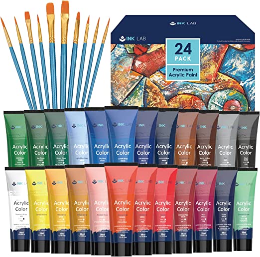 Acrylic Paint Set with 10 Art Brushes, 24 Colours Acrylic Paints in Tubes Non Toxic, 36ml/Tube, Rich Pigment