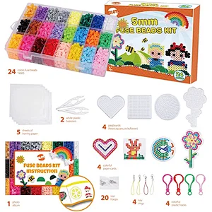 Fuse Beads Kit 24 Colors 5mm Iron Beads for Kids with Pegboards Tweezers Ironing Papers Keyrings