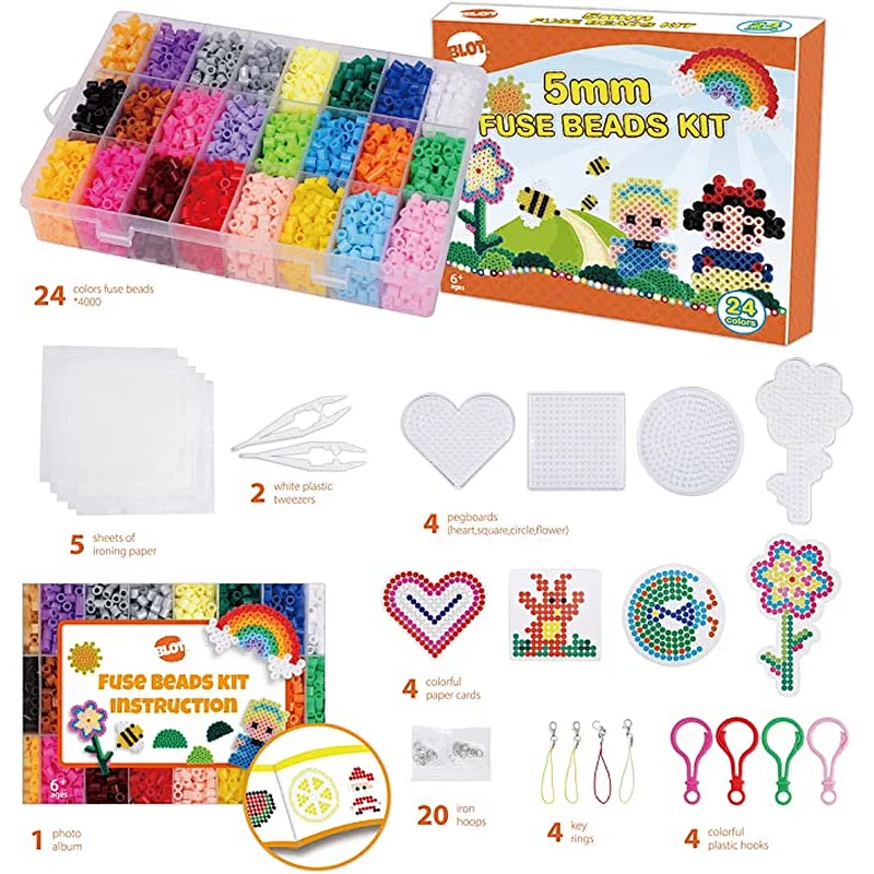 Fuse Beads Kit 24 Colors 5mm Iron Beads for Kids with Pegboards Tweezers Ironing Papers Keyrings
