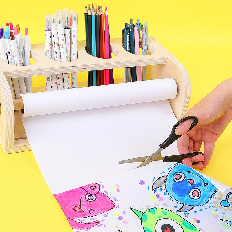 Dispensador de rollos de papel de mesa de madera con rollo de papel, caballete de madera maciza de escritorio para dibujar y escribir para niños