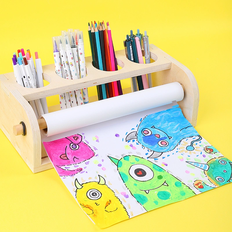 Dispensador de rollos de papel de mesa de madera con rollo de papel, caballete de madera maciza de escritorio para dibujar y escribir para niños
