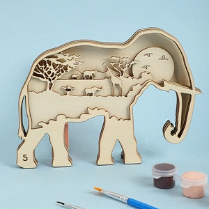 Deer&Elephant Multi-Layer Painting Set, 6 Wooden Layers, 12 Color Paints, 2 Brushes, 1 Glue