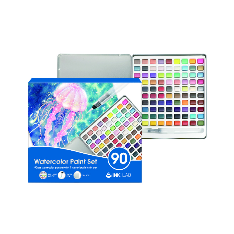 Juego de pintura de acuarela, cubo de 50 colores vivos, 1 pincel, 1 pincel de agua, 1 paleta, juego de pintura de acuarela