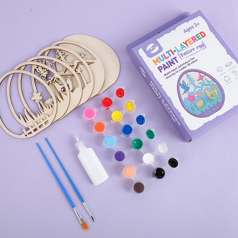 Rabbit&Easter Egg Multi-Layer Painting Set, 6 Wooden Layers, 12 Color Paints, 2 Brushes, 1 Glue