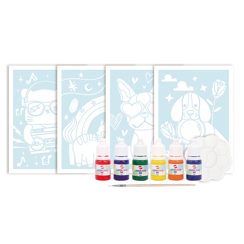 Set Tinta Cat Air Bunga, Berisi 6 Warna Cerah, 1 Kuas, 1 Palet, 4 Lembar