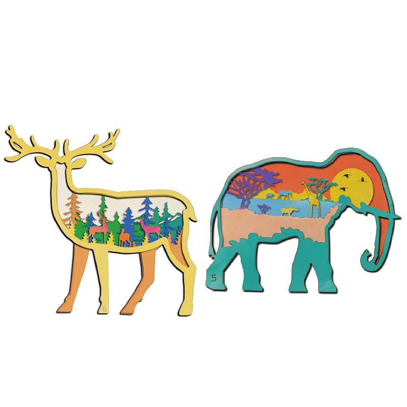 Deer&Elephant Multi-Layer Painting Set, 6 Wooden Layers, 12 Color Paints, 2 Brushes, 1 Glue