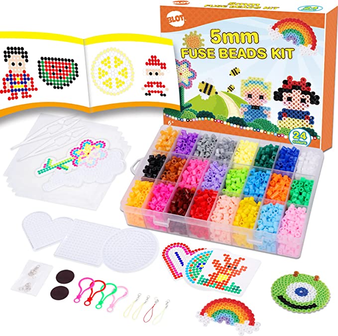 Fuse Beads Kit 24 Colors 5mm Iron Beads for Kids with Pegboards Tweezers Ironing Papers Keyrings
