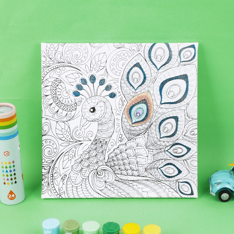 Pre Drawn Stretched Canvas for Painting, Peacock Theme