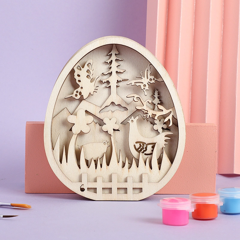 Rabbit&Easter Egg Multi-Layer Painting Set, 6 Wooden Layers, 12 Color Paints, 2 Brushes, 1 Glue