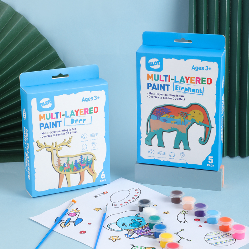 Deer&Elephant Multi-Layer Painting Set, 6 Wooden Layers, 12 Color Paints, 2 Brushes, 1 Glue