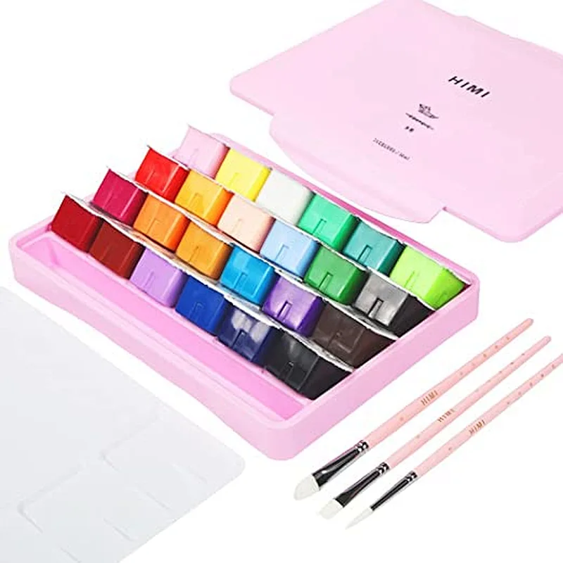 HIMI Gouache Paint Kit 24 Vibrant Colors Non Toxic Paints Jelly Cup Design with Paint Brushes Palette Portable, Rich Pigment, 30ml/Cup