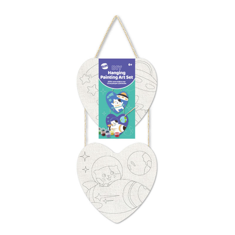 Heart Shaped Hanging Canvas Wall Art Set Including Two Designs with Acrylic Paint, Cat-Themed
