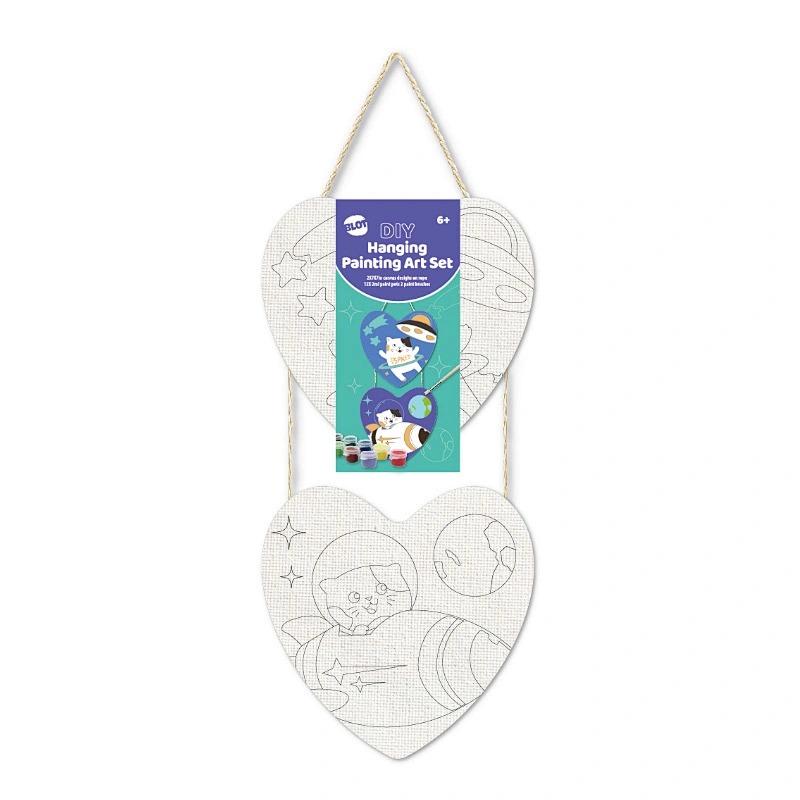 Heart Shaped Hanging Canvas Wall Art Set Including Two Designs with Acrylic Paint, Cat-Themed