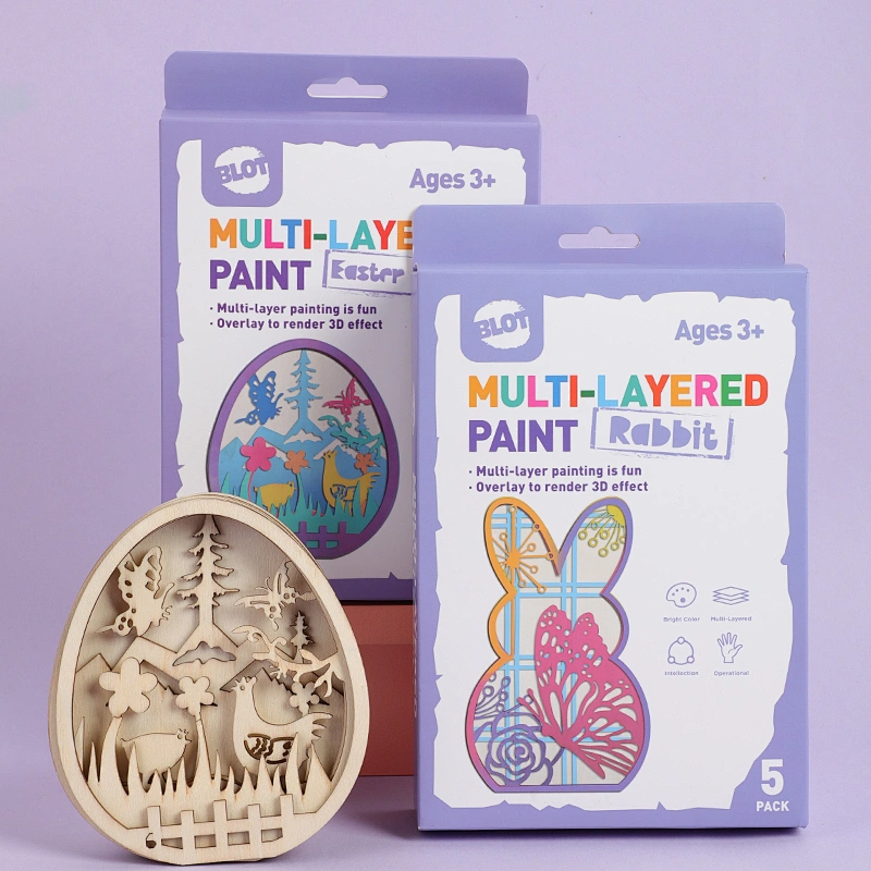 Rabbit&Easter Egg Multi-Layer Painting Set, 6 Wooden Layers, 12 Color Paints, 2 Brushes, 1 Glue