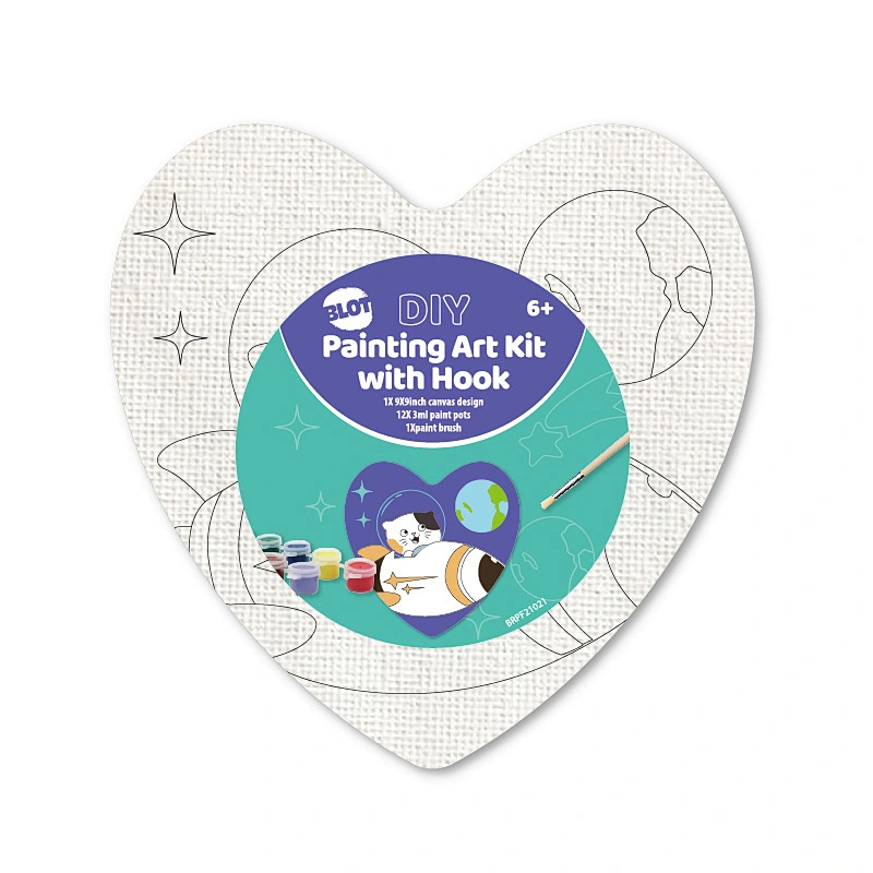 Heart Shaped Pre-Printed Canvas & Paint Art Set, 12 Paints, 1 Brush,