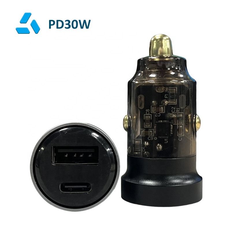Mini Transparent Car Charger PD30W A+C 2 Ports QC18W USB Type C Car Charging Block For iPhone 14 Pro Max 14 13 iPad Tablet