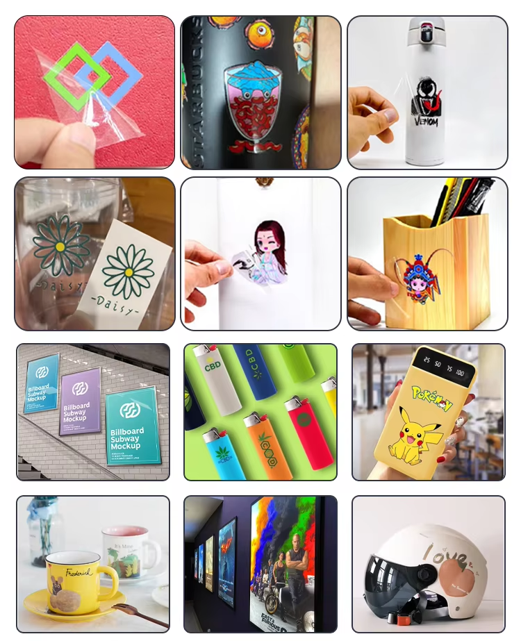 Multiple finished uv dtf prints applied on wood,glass,ceramic,acrylic and metal substrates