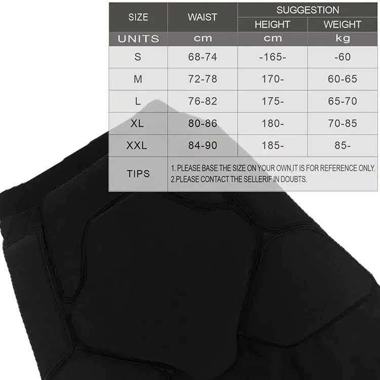 Size Chart of EVA padded Impact Shorts Snowboard Butt Pad