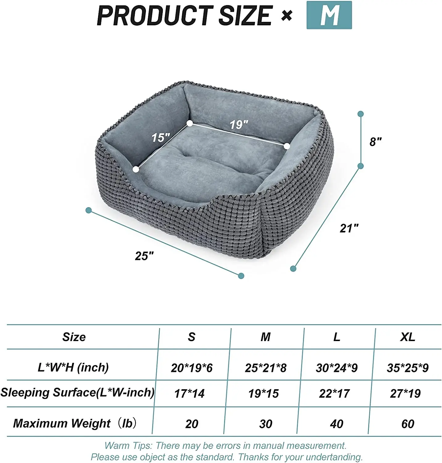 Measurements of Orthopedic Dog Bed with Anti-Slip Bottom