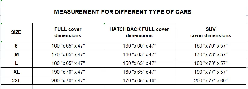 Size Chart of Three Knitted Outdoor Waterproof Car Cover