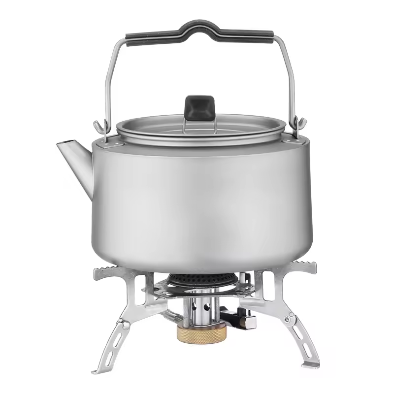 1L Sustainable Stainless Steel Tea Pot Titanium Travel Kettle with Wood Handle