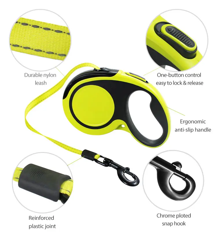 Reflective Nylon Dog Retractable Leash With Poop Bag