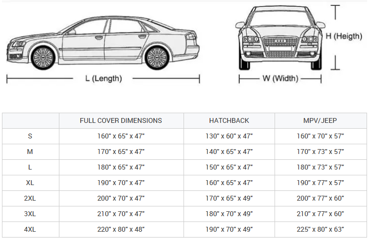 Size Chart of Polyester Durable Cloth Outdoor Waterproof Custom Full Car Cover