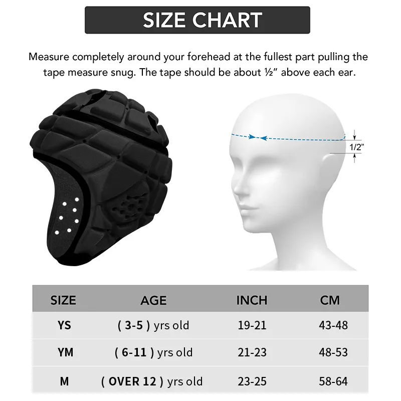 Size Chart of head protection EVA padded helmet for Sport Soccer